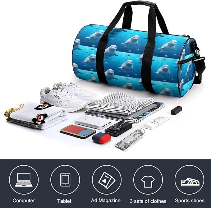 Basketball Football Weekender Bag Cute Beluga Whale Blue Art Carry on Beach Yoga Overnight Luggage Bag Sports Gym Bags for Men Women