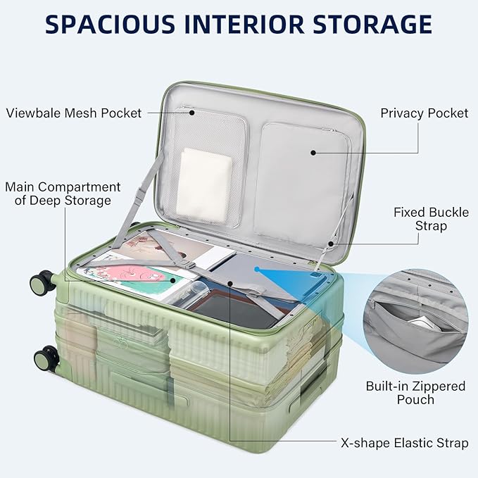 Hard Shell Suitcases 24 Inch Check in Luggage with Spinner Wheels Cup Holder, Lightweight Top Opening Expandable Luggage Hard Case Rolling Medium Checked Suitcase with Lock, Bamboo Green