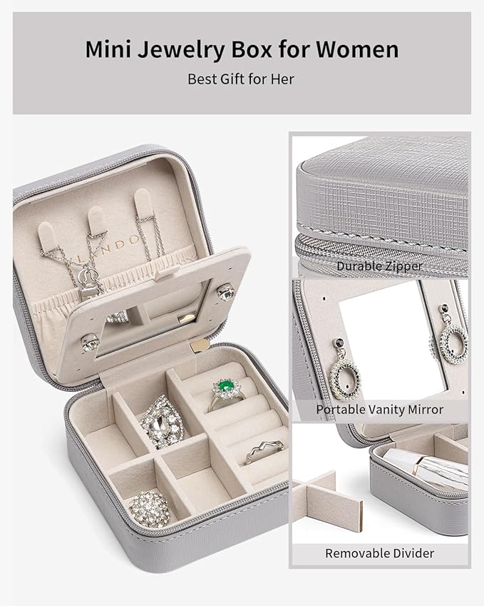 Vlando Small Travel Jewelry Box Organizer - Display Case for Girls Women Gift Rings Earrings Necklaces Storage with Mirror Grey