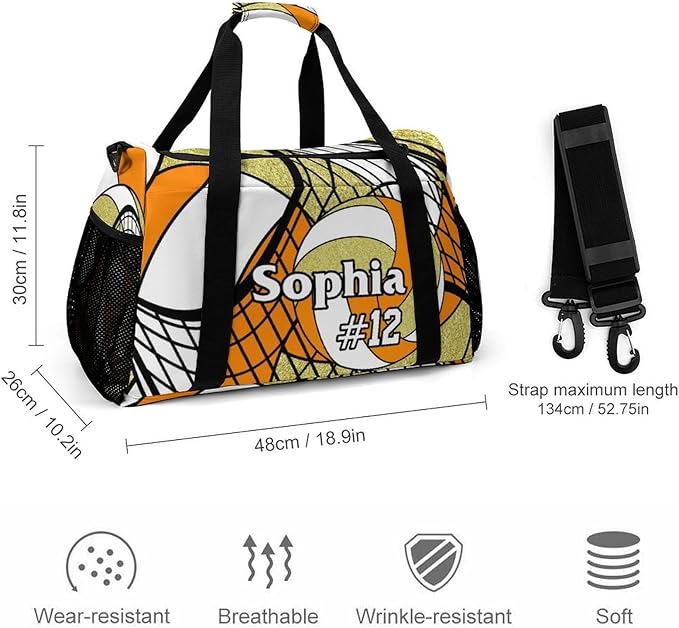 Custom Volleyball Orange Gold Duffel Bag with Name Personalized Travel Bags Sport Gym Bag Carry On Weekender Bags for Men Women