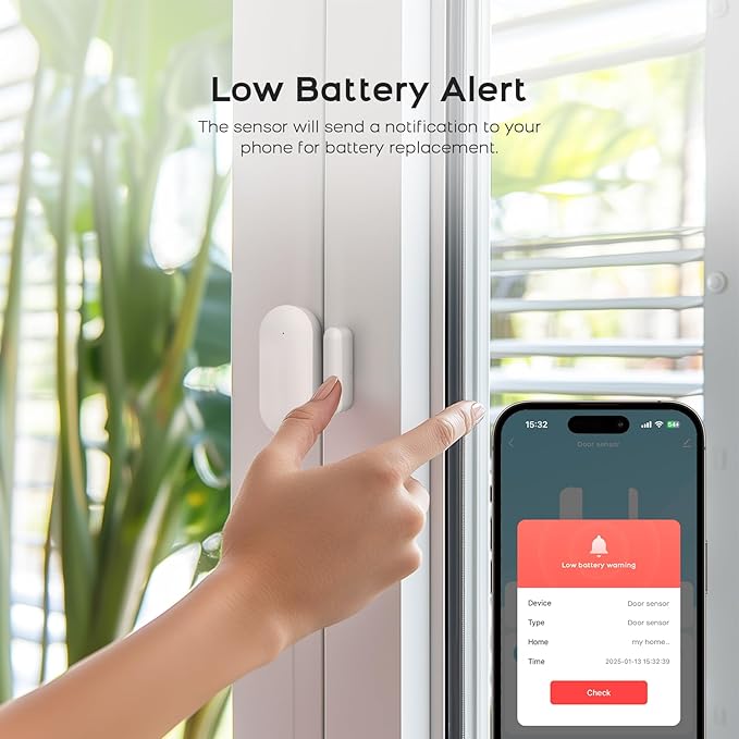 Door Alarm Window Sensors, Door Open Alarm Long Battery Life Wireless for Security Real-Time Notification WiFi Contact Sensor App Control No Monthly Fee, White