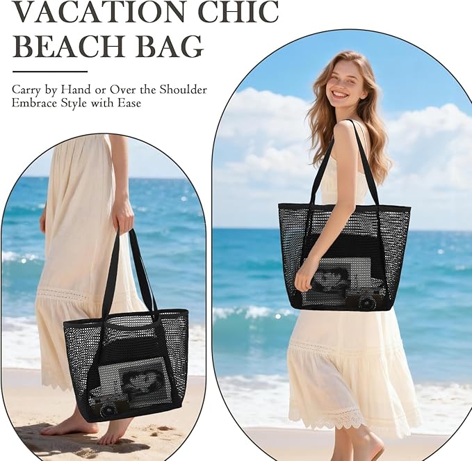Fammart Mesh Beach Bag for Women, Summer Straw Tote Hobo Pool Bags with Zipper Pocket, Travel Vacation Cruise Essentials 2026