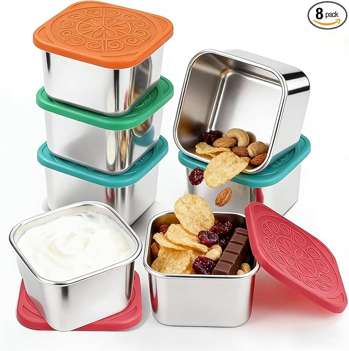 Stainless Steel Snack Box Containers - 8 Pack 6oz Reusable Small Snack Containers with Silicone Lids, 304 Metal Stackable Food Storage Cups, Salad Dressing Dipping Sauce for Travel, Picnic