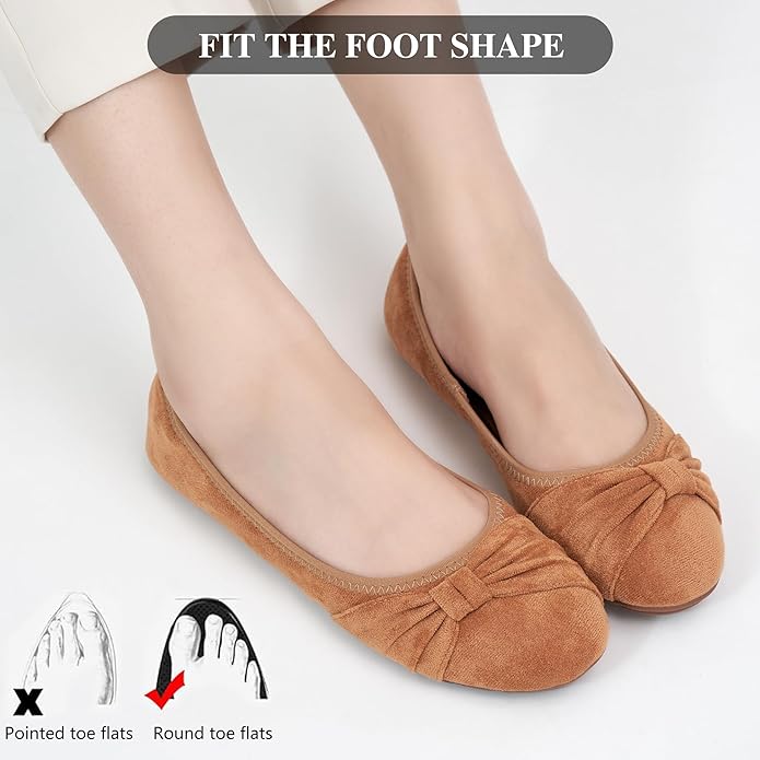 Ecetana Womens Flats Shoes Dressy: Round Toe Bowknot Suede Foldable Ballet Flats Comfortable Casual Slip On Loafers