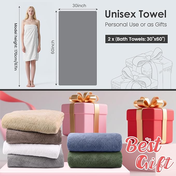 JML Microfiber Bath Towels Set of 2, 30 in x 60 in, Oversized, Ultra Soft, Super Absorbent, Fast Drying, No Fading Large Bathroom Towel Set for Sport, Travel, Fitness, SPA,Yoga (Coral Fleece - White)