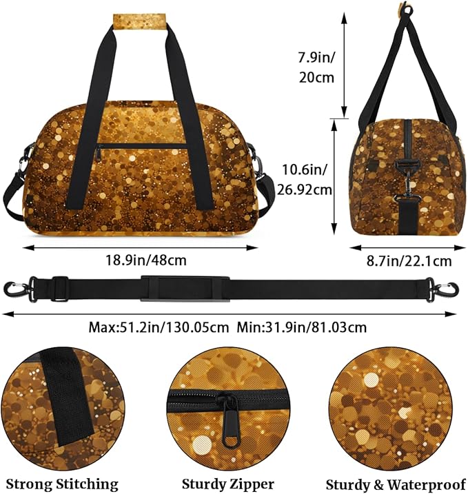 Gold Sequins Glitter Gym Travel Duffle Bag for Women & Men with Front Zipper Pocket for Sports, Overnight, Weekender, Carry On,Workout & Dance Bag,Shining Gold,18.9 * 8.7 * 10.6 in