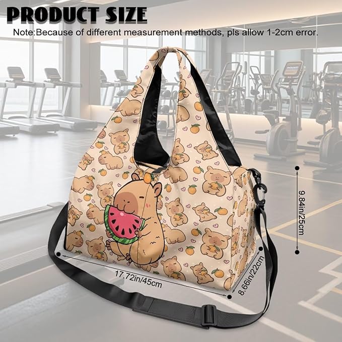 Capybara Watermelon Gym Duffel Bag for Women with Shoe Compartment and Yoga Mat Holder Cute Luggage Sports Travel Carry On Bag Overnight Duffel Bags Lightweight