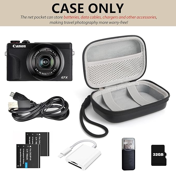 Digital Camera Case Compatible with Canon Powershot G7X Mark II & III/ SX740/ Sony ZV-1/ RX100 VII, Compact Travel Point & Shoot 4K Vlog Cameras Storage Holder with Lanyard (Black)