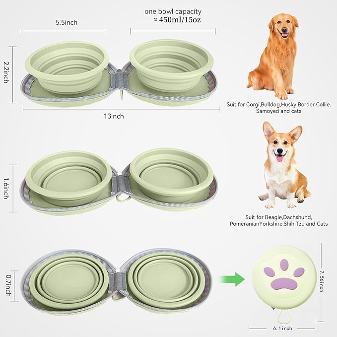 Collapsible 2-in-1 Dog Bowls: Leakproof Double Silicone Food & Water Bowl for Travel, Camping, Hiking - Portable Cat & Dog Feeding Supplies (Beige)
