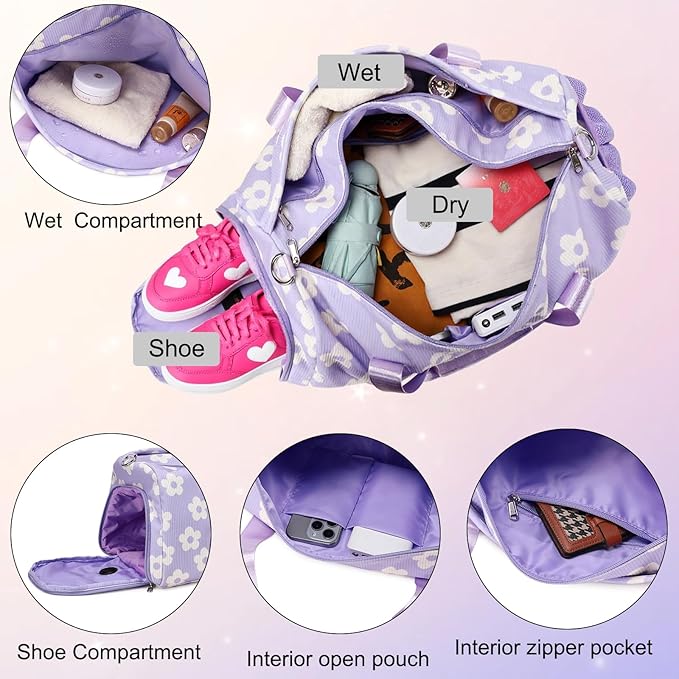 Duffle Dag Dance Dag Teen Girl Gym Bag Ballet Bag Sports Duffle Dag Corduroy Overnight Bag with Shoe Compartment and Dry Wet Pocket,Cute Birthday Gifts(Purple)