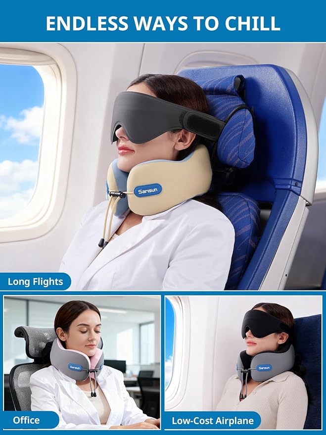Neck Pillow Airplane,Travel Pillow with Strap,Combo 3D Eye Mask for Sleep,Dual-Density Supportive Foam Travel Neck Pillow for Airplane Flights,Car Road Trip Travel Essentials Black