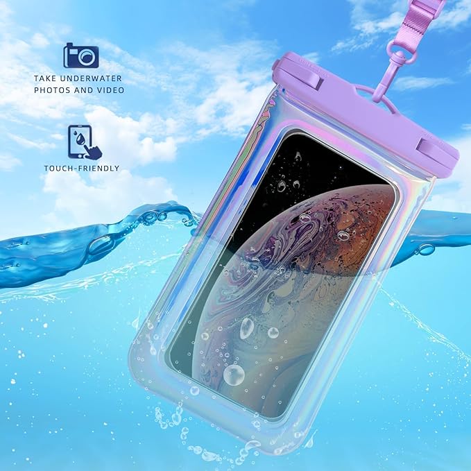 Floatable Waterproof Phone Pouch Case 2 pax for iPhone 17 16 Pro Max/15/14/13/12,IP68 Travel Cellphone Dry Bag Beach Cruise Ship Essentials Bags with Crossbody Lanyard, Iridescent Purple and Black-7″