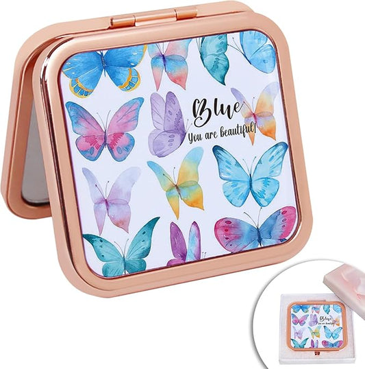 Travel Purse Mirror Compact Double Sides 2X 1x Magnification Hand Mirror Metal Square Mirror for Women and Girls Rose Gold Butterfly