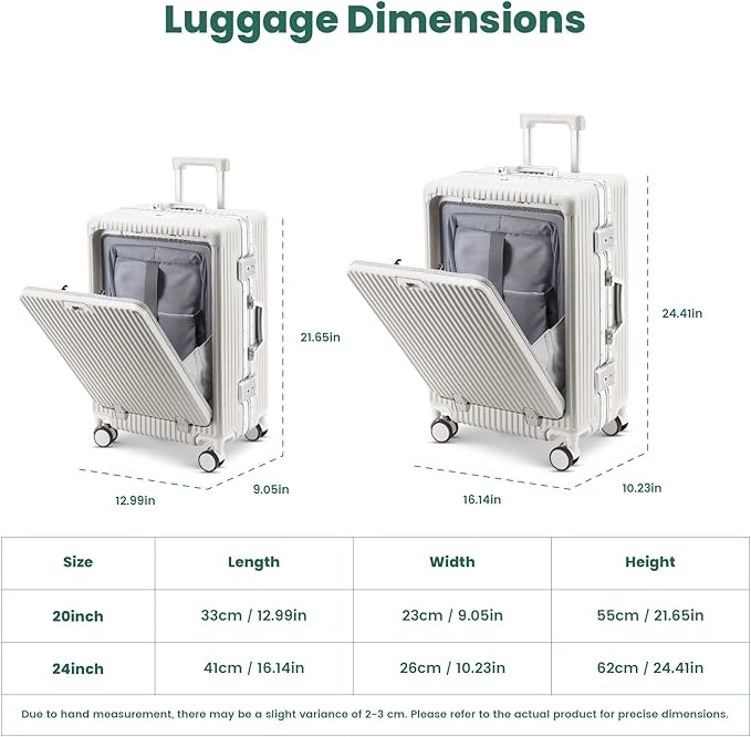 20 Inch Aluminum Frame Carry On Luggage with Front Pocket, USB Port, Phone Holder & Cup Holder, Hard Shell Spinner Suitcase for Airplane Travel, White