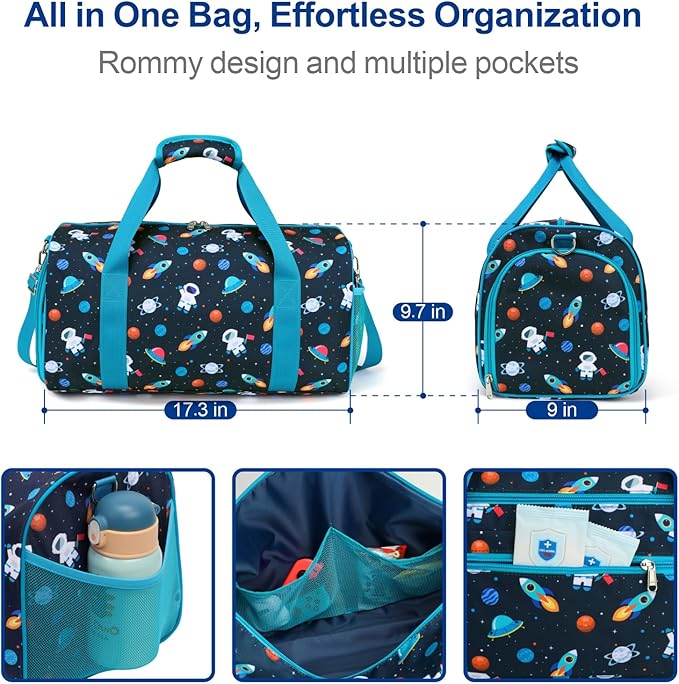 Bagseri Boys Duffle Bag for Travel - Kids Gym & Sports Bag with Shoe Compartment & Water Resistant Wet Pocket, Weekender for Camping & Sleepover (Blue Space Astronaut)