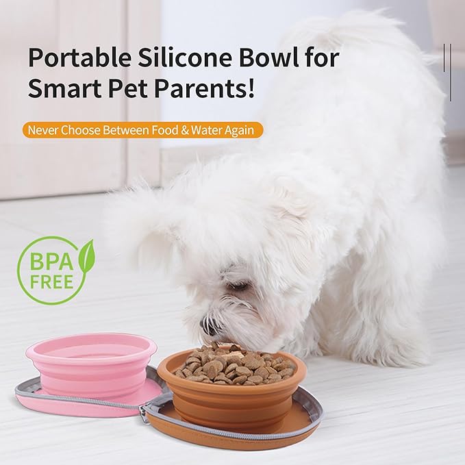 Collapsible Dog Bowls, 2-in-1 Pet Portable Travel Double Bowl Water Food Feeder Traveling Camping & Walking 25oz Brown Pink