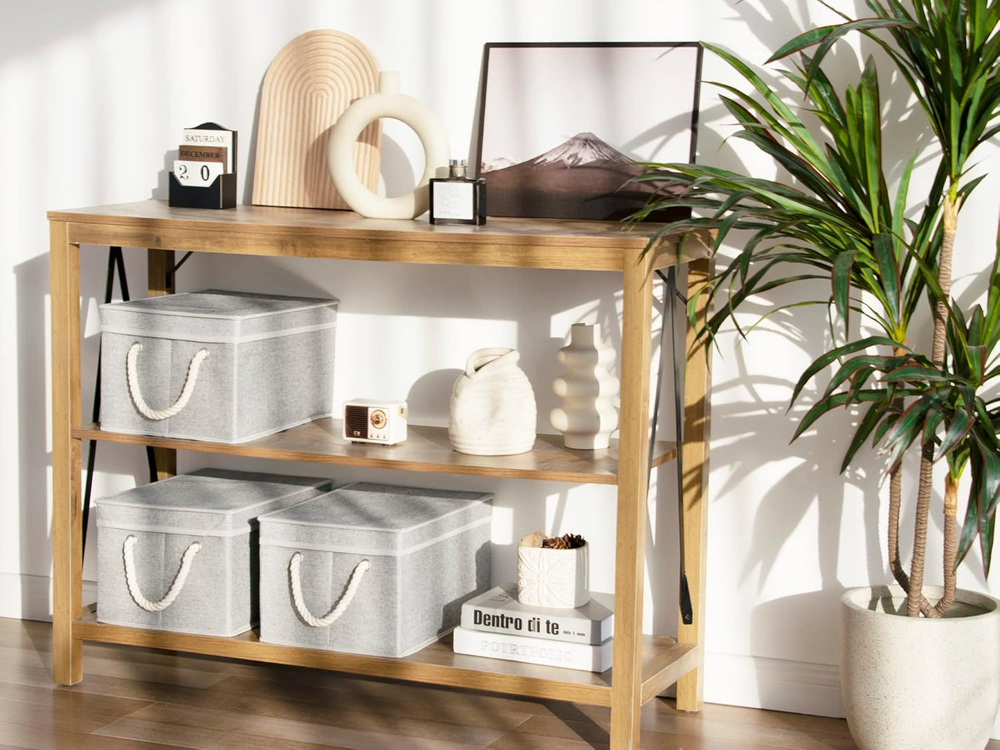 StorageWorks Storage Bins with Lids, Decorative Storage Boxes with Lid and Soft Rope Handles, Foldable Storage Baskets for Closet, Shelves, Stackable, 3-Pack, Gray, Large