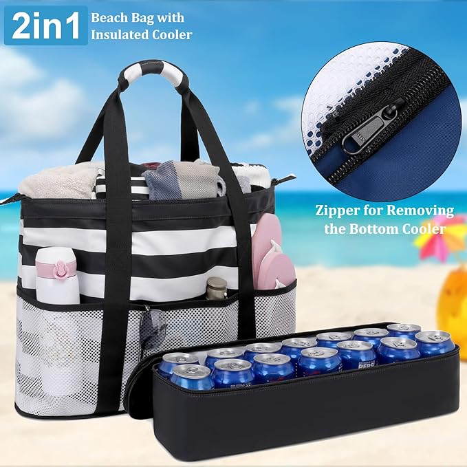 JIANYA Beach Bag Women Waterproof Sandproof Beach Tote Bags with Cooler Top Zipper Large Totes for Pool Travel Daily