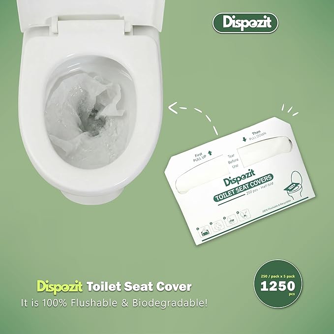 1250 Pcs Disposable Flushable Toilet Seat Covers (5 Packs of 250 Pcs) | 100% Biodegradable Commercial Toilet Seat Covers | Half-Fold Wall Dispenser Compatible | DISPOZIT Safe Liners