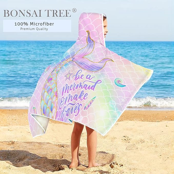 Bonsai Tree Mermaid Beach Towel, Mermaid Tail Towel for Girls with Hood, Kids Bath Hooded Poncho 30" x 50", Pink Scales Microfiber Absorbent Soft Bath Poncho Bathrobe for Swin Pool