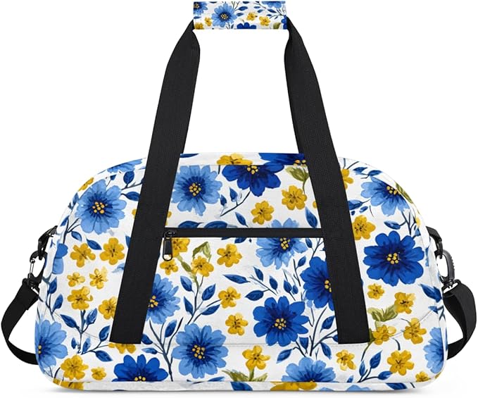Yellow Blue Flowers Gym Travel Duffle Bag for Women & Men with Front Zipper Pocket for Sports, Overnight, Weekender, Carry On,Workout & Dance Bag,Florals Flower Daisy,18.9 * 8.7 * 10.6 in