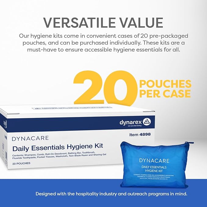 Dynarex DynaCare Daily Hygiene Kit - Travel Essentials Toiletry Bag - Includes TSA Approved Shampoo, Toothbrush Set, Razor and More - Blue, 1 Kit (10-Pieces)