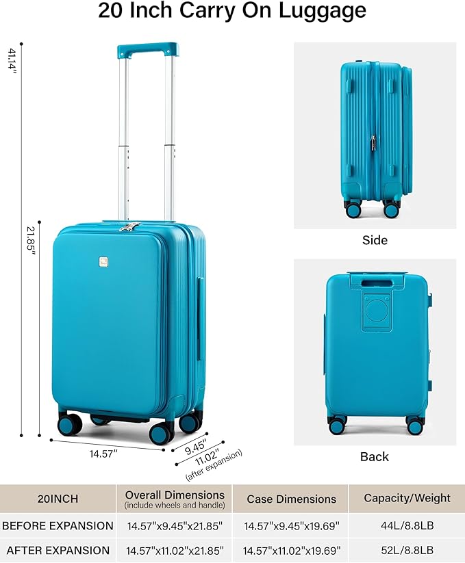 Hanke Expandable Luggage Top Opening Travel Luggage Rolling Suitcase with Cup Holder Hard Shell Suitcases with Wheels (Caribbean Blue +20 Inch EXT)