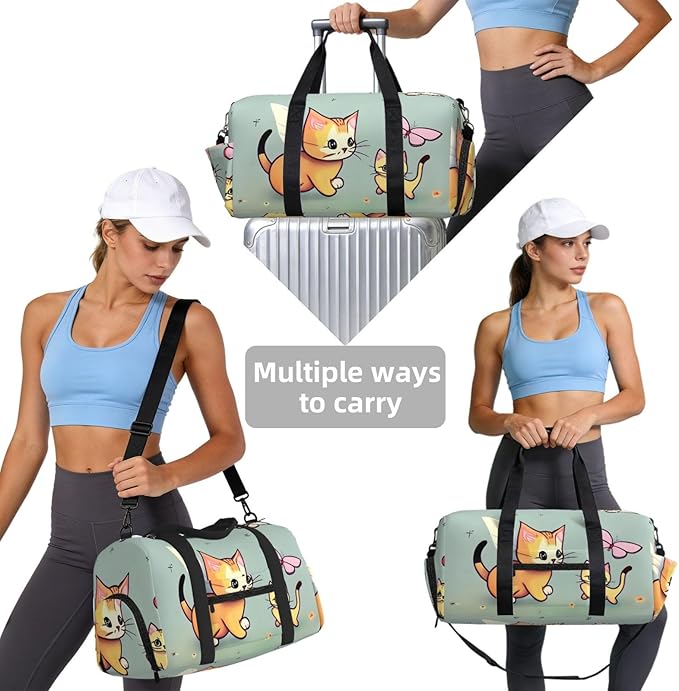 Kitten Butterfly Print Gym Bag with Shoe Compartment for Women Men, 17.7in Sports Duffle Weekender Tote, Overnight Travel Duffel Bag Carry On