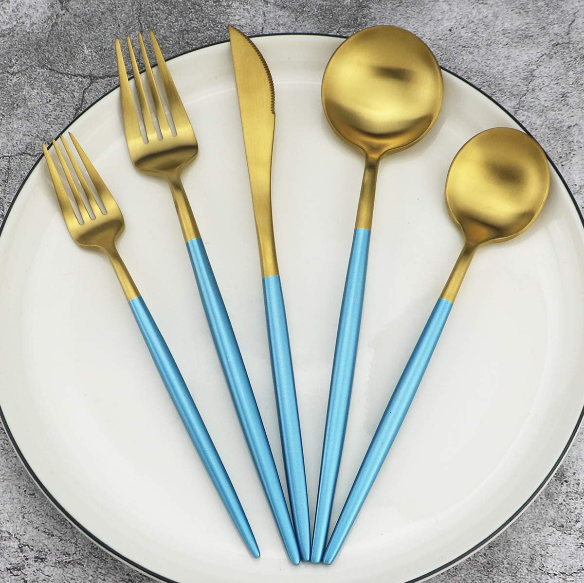 Gugrida 20-Piece 18/10 Stainless Steel Flatware Silverware, Luxury Dinnerware Set Travel Cutlery Tableware Include Knife Fork Spoon Service for 4, Dishwasher Safe (Blue Handle Matte Gold)