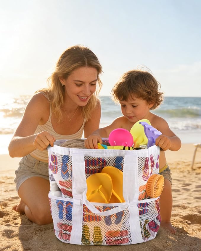 Genteen 40L Mesh Beach Bag, Foldable Sandproof Tote with Waterproof Pocket Quick Dry for Women Family Pool Vacation（White