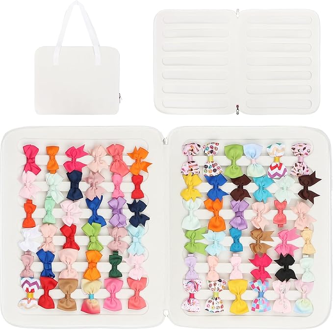 PACMAXI Baby Girl Hair Bow Organizer, Felt Hair Clips Storage Bag, Large Capacity with Handle, Portable Hanging Organizer for Travel & Home (White)