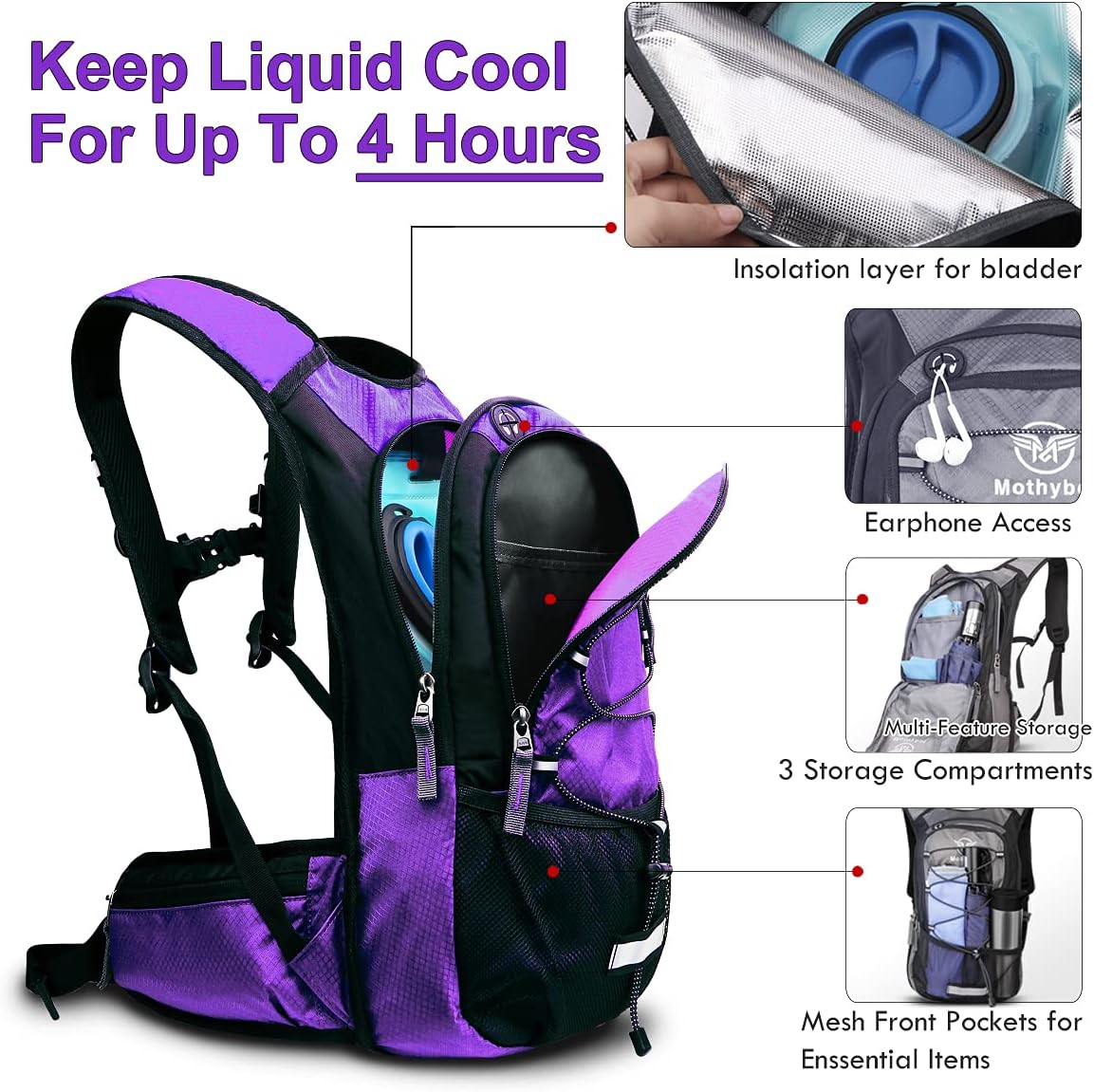 Insulated Hydration Backpack Pack with 3L BPA Free Leak Proof Water Bladder, Large Storage Lightweight Hiking Daypack with Waist Pouches & Cooler Layer, for Running, Biking, Camping, Festival