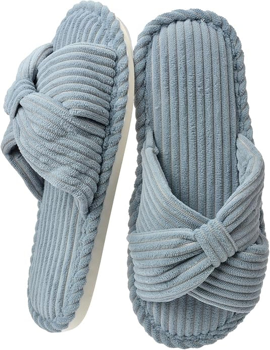 House Slippers for Women Corduroy Cross Bow Indoor Slippers Open Toe Slip On Bedroom Shoes with Memory Foam