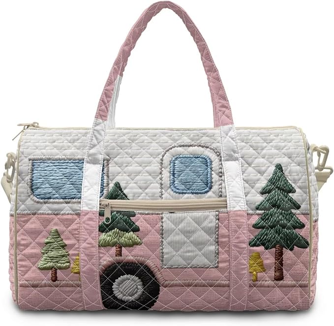 COEQINE Pink Sports Duffel Bags for Women Gym Funny Quilted Tote Bag Large Car Printed Weekender Carry On Camper Van Style Backpack for Overnight Luggage with Trolley Sleeve
