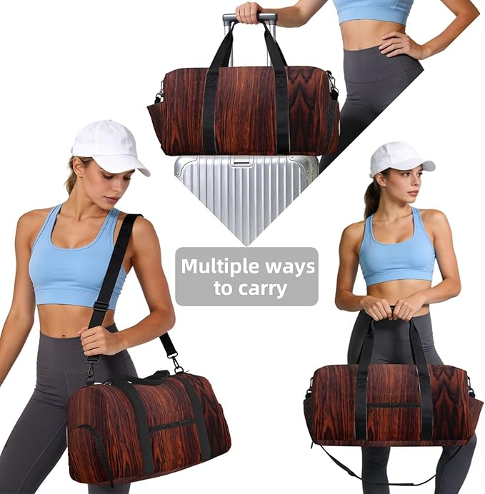 Dark Mahogany Wood Grain Brown Wood Pattern Women'S Gym Duffle Bag With Shoes Compartment, Ideal For Travel, Gym, Sports, Duffel, Weekender