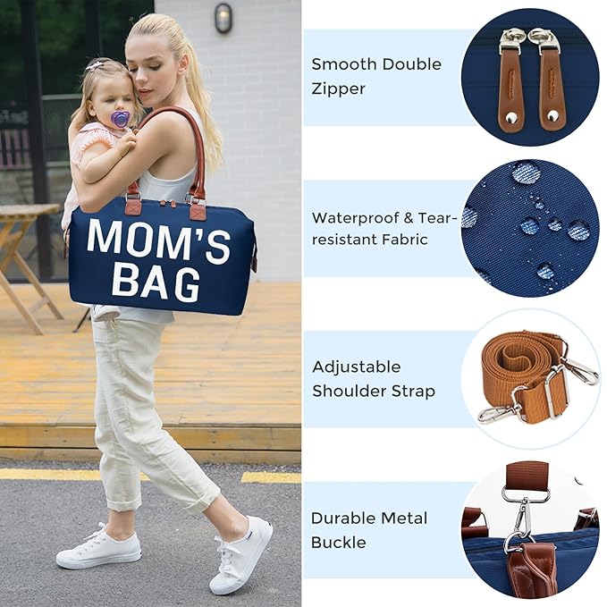 printe Mommy Diaper Bag Tote for Boys with 2 Organizer Pouches, Large Capacity Mom's Bag for Hospital and Weekender Travel, Functional Baby Diaper Bags, Navy