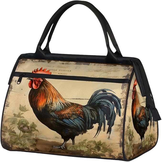 Multipurpose Duffle Bag, Waterproof Carry On Bag with Spacious Design, Retro Rooster Gym Bags, 15.2x8.3x11.6in