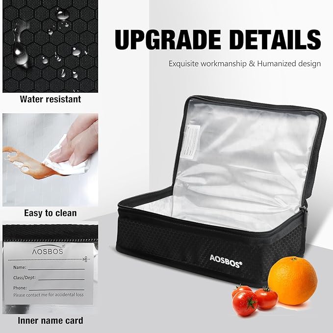 Aosbos Small Insulated Lunch Bag - Compact Lunch Box for Portion Control, Work & Office, Black Honeycomb