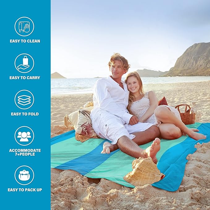 Beach Blanket Oversized Extra Large 10'X 9',Waterproof Sandproof Beach Blanket 2-8 Adults Lightweight Durable for Travel Camping Hiking Picnic (10'X 9', Green&White)