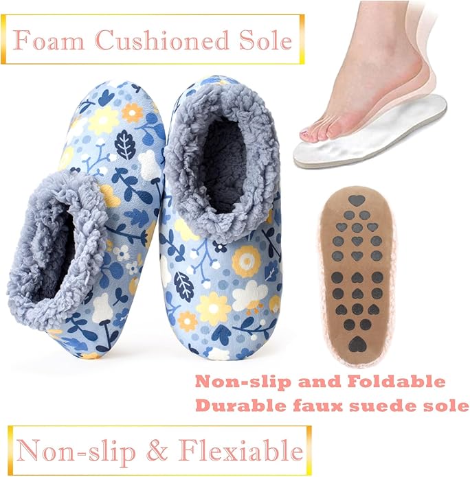 Soft Fuzzy Slippers for Women Indoor, Warm Furry House Sock Shoes Fluffy Lined, Bedroom Booties Non-Slip Gripper Soles, Winter Cozy Christmas Gifts