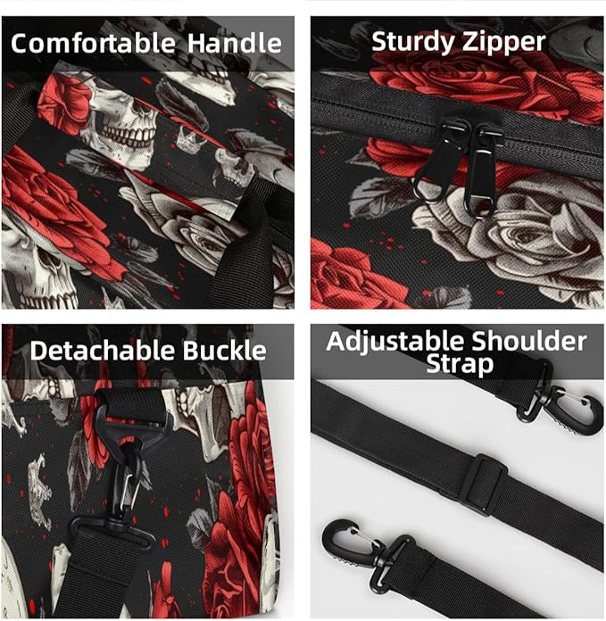 Skeleton Mini Gym Bag 18 inch for Women Men Waterproof Custom Sugar Skull Floral Travel Duffel Bag Carry On Overnight Tote Nurse Bag for Work Fitness Hiking