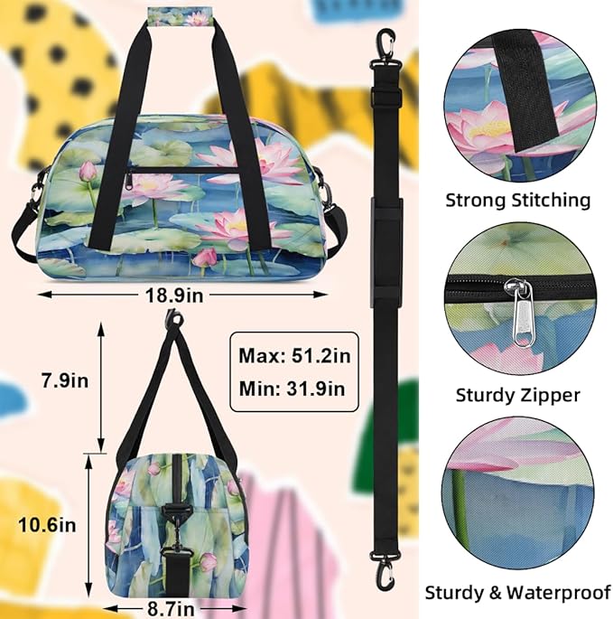 Duffle Bag for Women Men, Pink Lotus Blue Pond Gym Bag for Travel Sports, Lightweight Waterproof Weekender Overnight Bags with Adjustable Strap