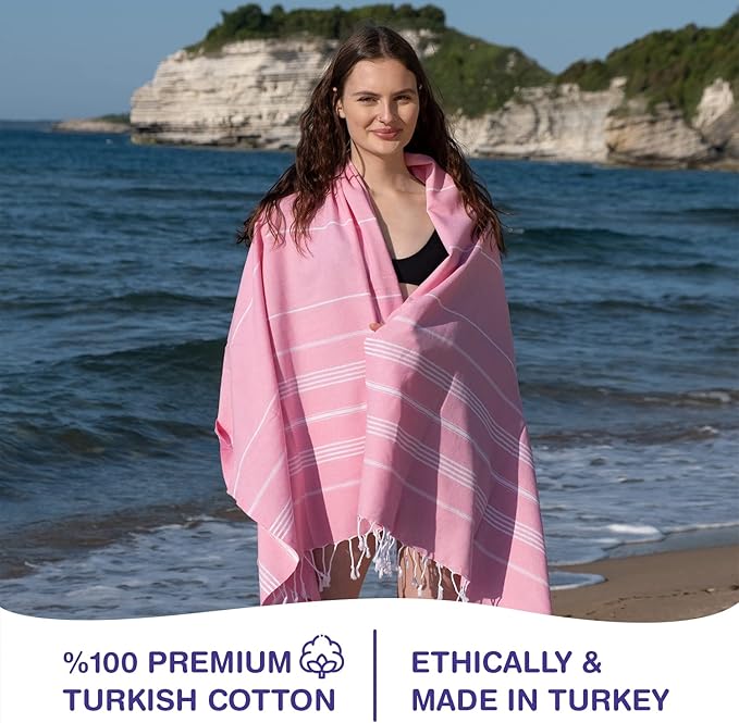 Turkish Beach Towels, Bulk Case of 36 | Oversized, Quick Dry, Sand Free | 100% Cotton, Large 38x71 Towels for Beach, Pool, Travel | Ultra-Soft, Compact, Absorbent | Pink