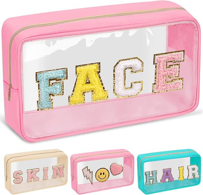 Chenille Letter Clear Makeup Bags Face Pouch, Preppy Patch Makeup Bag with Zipper, Transparent PVC & Nylon Waterproof Portable Glitter Cosmetic Bag Travel Toiletry Storage for Women Girl(FACE-Pink)