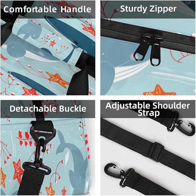 Gym Bag for Women Men, Cute Whale Ocean Pattern Travel Duffle Bags for Dance Ballet Overnight, Carry-On Weekender Bag with Detachable Shoulder Strap