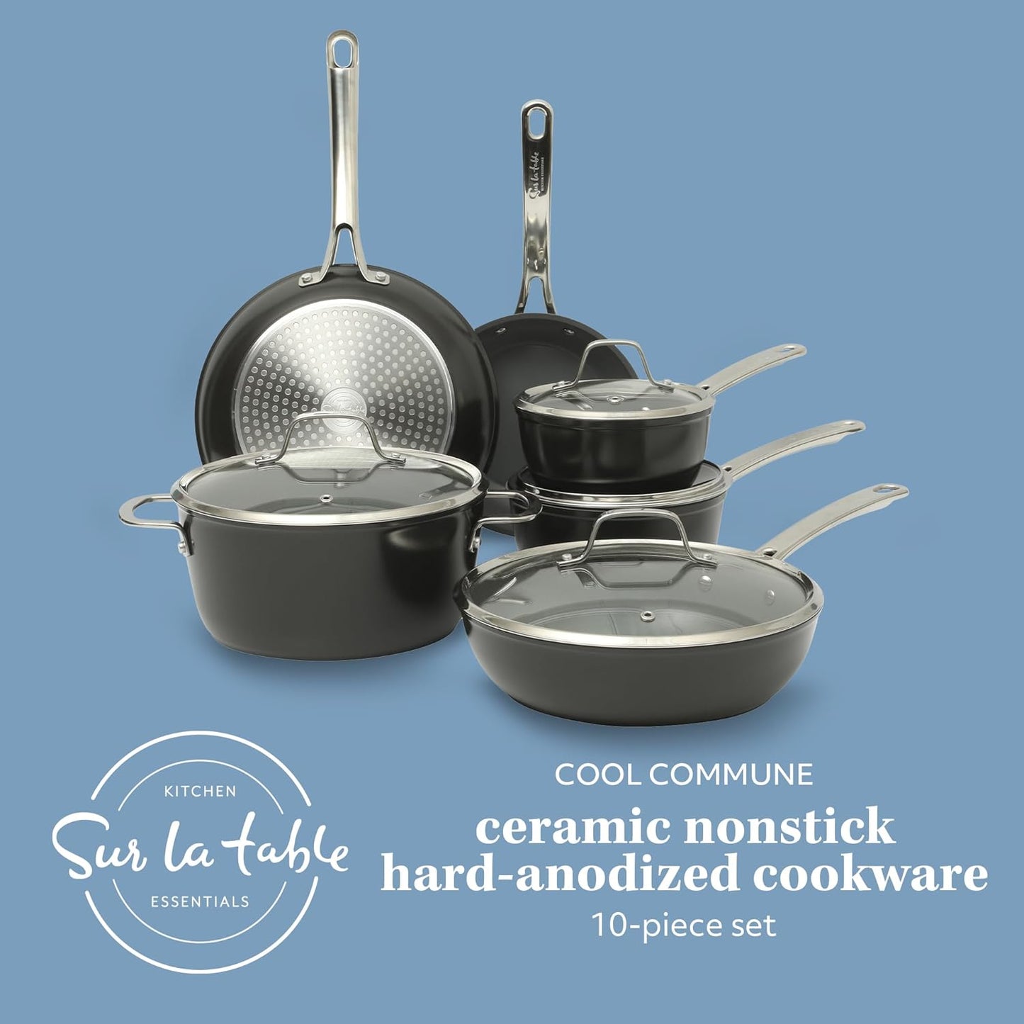 Sur La Table Kitchen Essentials Cool Commune Hard Anodized 10 Piece PFA Free Ceramic Non stick Interior Forged Durable Aluminum Pots and Pans Cookware Set - Black - Induction Compatible