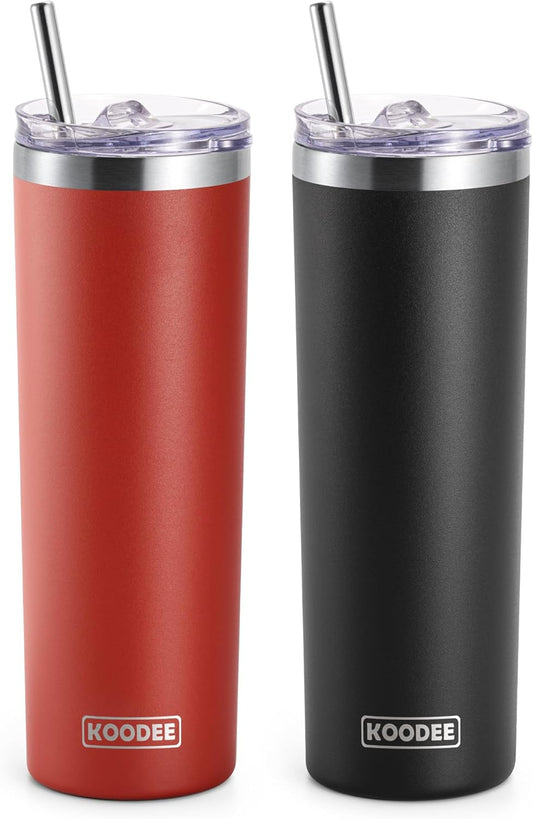 koodee Skinny Tumbler-20 oz Stainless Steel Iced Coffee Tumbler with Straw Vacuum Insulated Traver Coffee Mug with Lid (Canyon Red-Black)