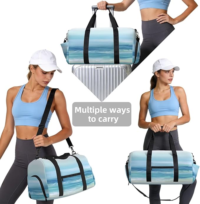 Sea Blue Watercolor Ocean Waves Coastal Beach Women'S Gym Duffle Bag With Shoes Compartment, Ideal For Travel, Gym, Sports, Duffel, Weekender