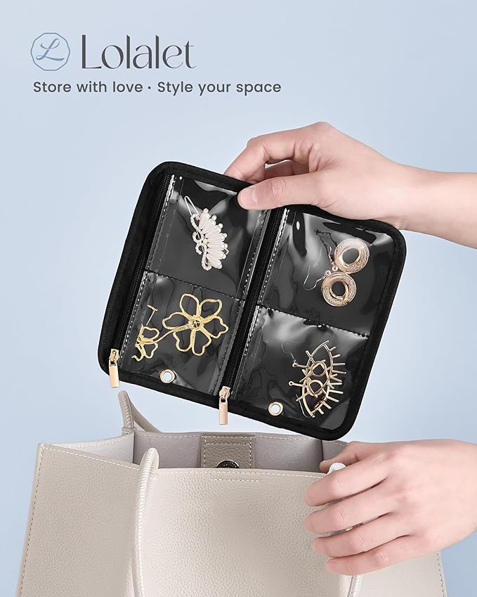 Lolalet Travel Jewelry Organizer Storage Bags, 4 Pcs Transparent Velvet Pouches with Compartments & Zippers for Jewelry Display of Earrings, Rings, Necklaces & Bracelets for Girls Women -Black