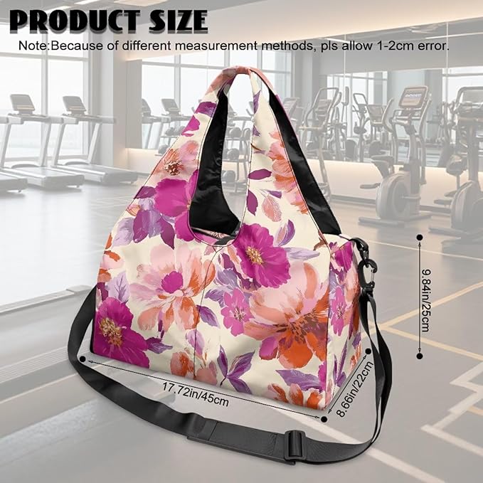 Vintage Floral Duffle Bag Women with Shoe Compartment and Yoga Mat Holder Pink Sports Duffel Bag with Wet Pockets for Women, Stylish Portable Fitness Sport Tote Bag